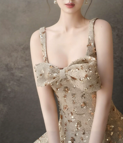 Shiny Homecoming Dress Spaghetti Strap Sequins Bowknot Back to School Outfits Party Dress  D6512