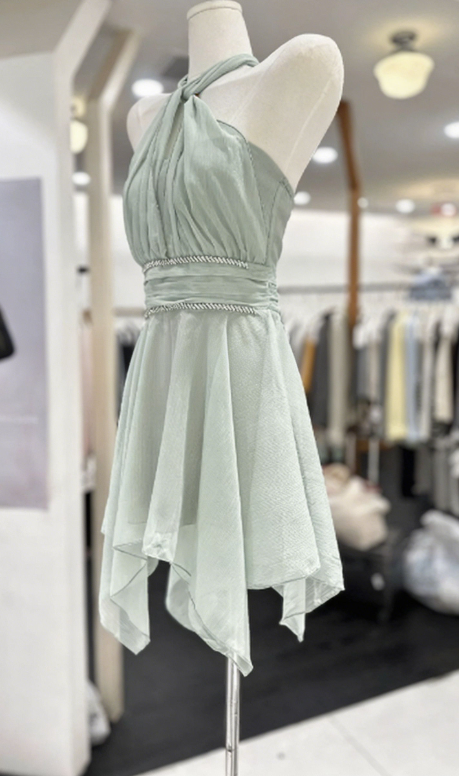 Elegant Homecoming Dress Halter Pleated Back to School Outfits Party Dress  D6561