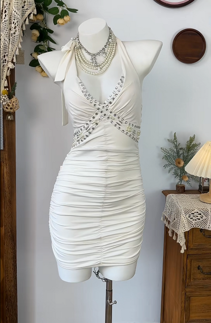 Stunning Homecoming Dress Halter Rinestone Pleated Backless Back to School Outfits Party Dress  D6591
