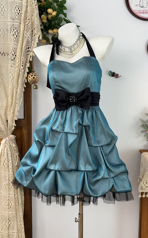 Elegant Homecoming Dress Halter Bowknot Cascade Lace Back to School Outfits Party Dress  D6589