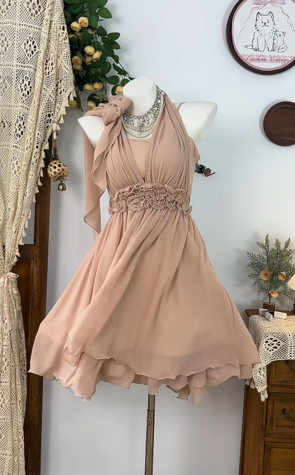 Pretty Homecoming Dress Halter Flower Pleated Back to School Outfits Party Dress  D6606