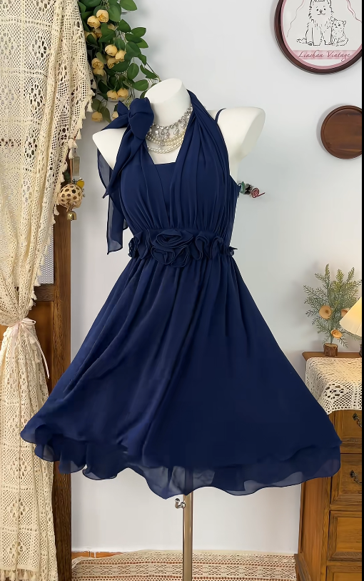 Pretty Homecoming Dress Halter Flower Pleated Back to School Outfits Party Dress  D6606