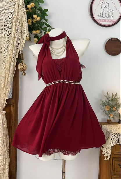 Pretty Homecoming Dress Halter Rinestone Pleated Back to School Outfits Party Dress  D6607