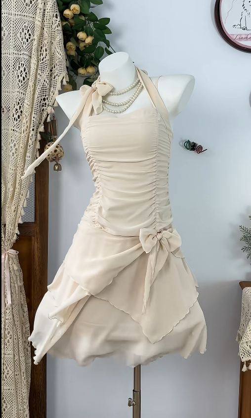 Pretty Homecoming Dress Halter Bowknot Pleated Back to School Outfits Party Dress  D6605