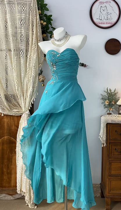 Chic Homecoming Dress Sweetheart Hi-Lo Rinestone Shirred Back to School Outfits Party Dress  D6620