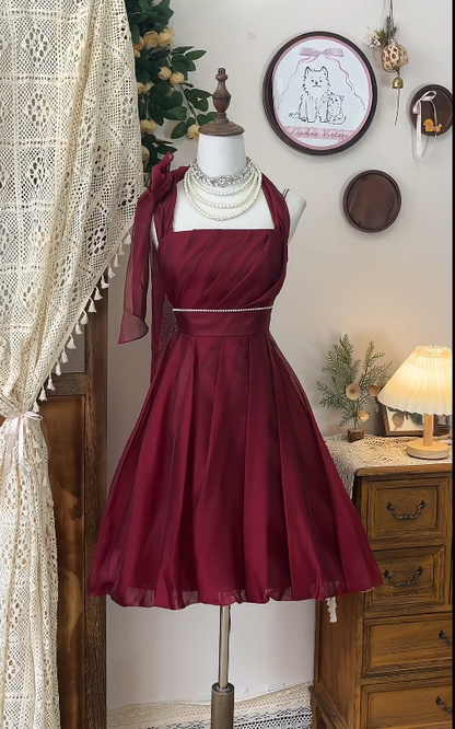 Pretty Homecoming Dress Halter Pleated Rinestone Back to School Outfits Party Dress  D6610