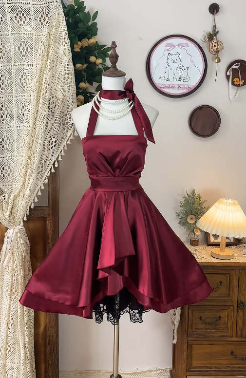 Chic Homecoming Dress Halter Lace Pleated Backless Back to School Outfits Party Dress  D6617