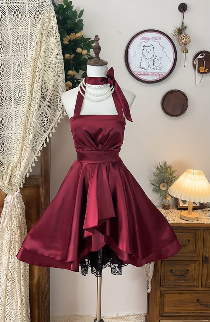 Chic Homecoming Dress Halter Lace Pleated Backless Back to School Outfits Party Dress  D6617