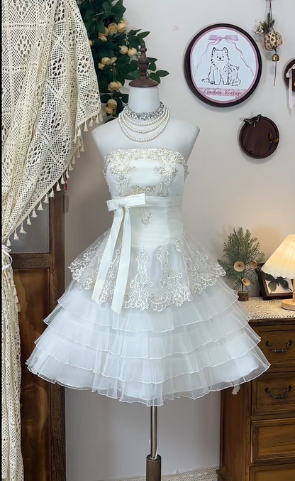Chic Homecoming Dress Strapless Lace Cascade Bowknot Back to School Outfits Party Dress  D6619
