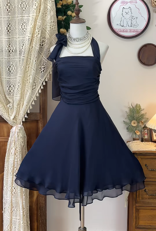 Chic Homecoming Dress Halter Pleated Back to School Outfits Party Dress  D6614