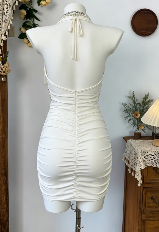Stunning Homecoming Dress Halter Rinestone Pleated Backless Back to School Outfits Party Dress  D6591