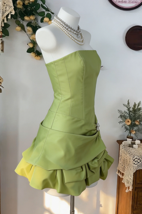Pretty Homecoming Dress Strapless Pleated Rinestone Back to School Outfits Party Dress  D6598