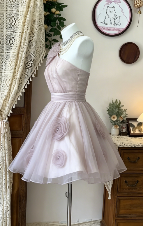 Pretty Homecoming Dress One Shoulder Flower Tulle  Back to School Outfits Party Dress  D6600