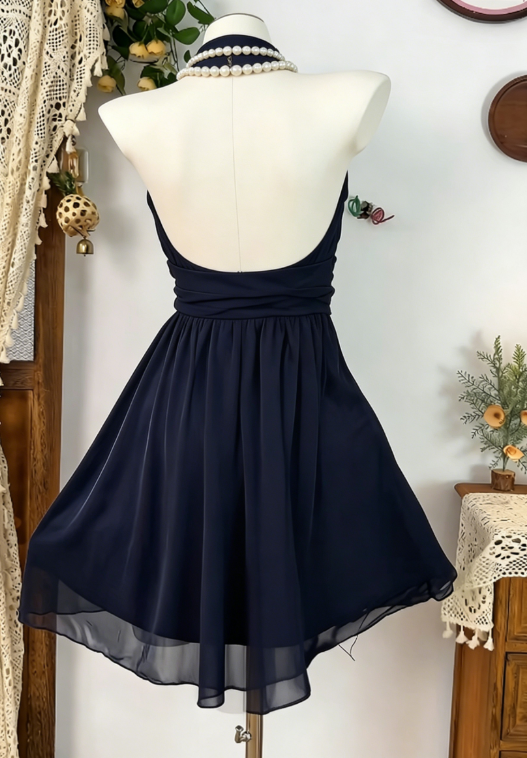 Elegant Homecoming Dress Halter Pleated Flower LaceBack to School Outfits Party Dress  D6588