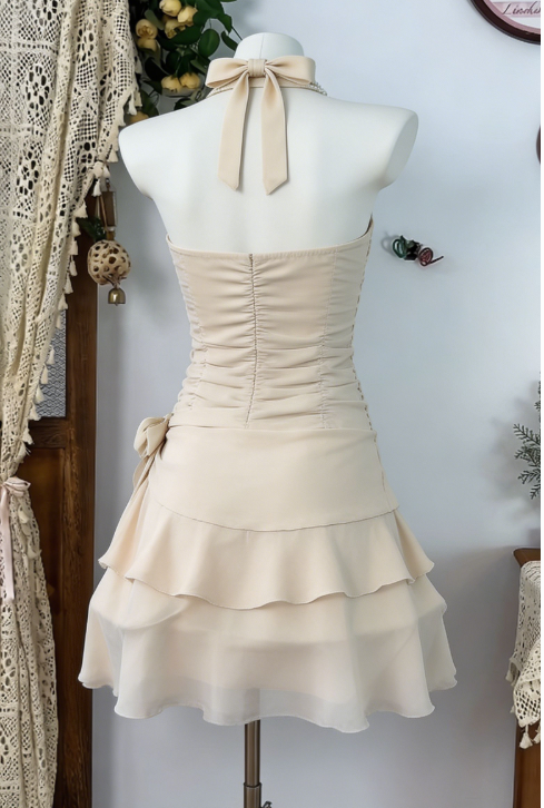 Pretty Homecoming Dress Halter Bowknot Pleated Back to School Outfits Party Dress  D6605