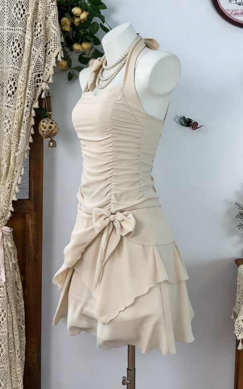 Pretty Homecoming Dress Halter Bowknot Pleated Back to School Outfits Party Dress  D6605