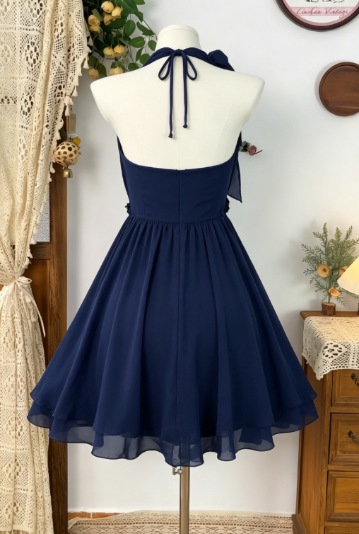 Pretty Homecoming Dress Halter Flower Pleated Back to School Outfits Party Dress  D6606