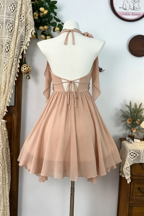 Pretty Homecoming Dress Halter Flower Pleated Back to School Outfits Party Dress  D6606