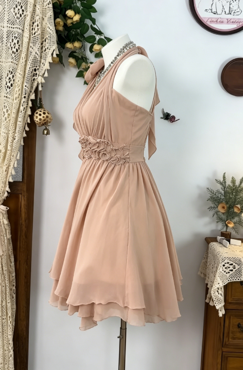 Pretty Homecoming Dress Halter Flower Pleated Back to School Outfits Party Dress  D6606