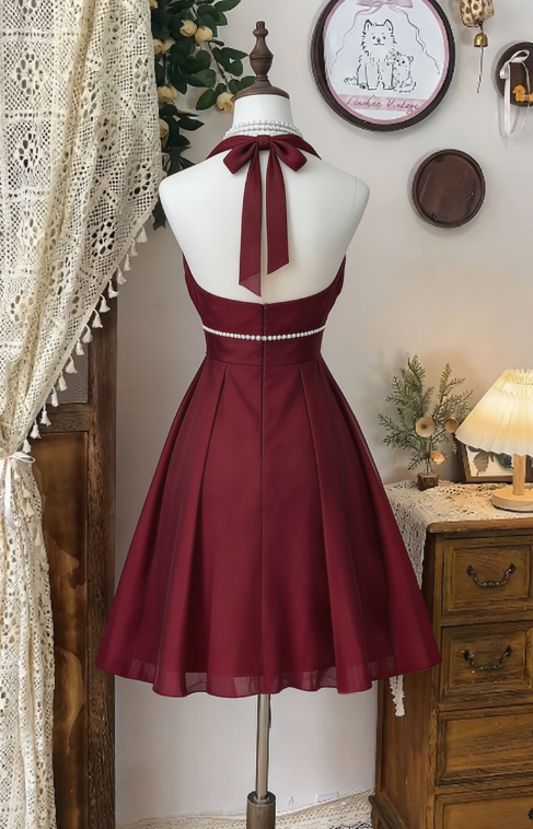 Pretty Homecoming Dress Halter Pleated Rinestone Back to School Outfits Party Dress  D6610