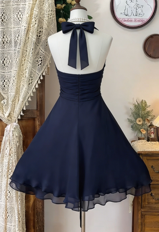 Chic Homecoming Dress Halter Pleated Back to School Outfits Party Dress  D6614
