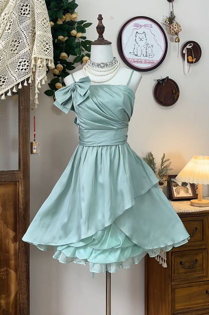 Chic Homecoming Dress Spaghetti Strap Bowknot Pleated Back to School Outfits Party Dress  D6624