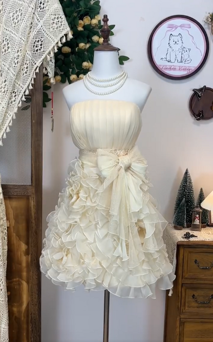 Sweet Homecoming Dress Strapless Bowknot Tulle Cascade Back to School Outfits Party Dress  D6633