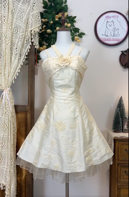 Sweet Homecoming Dress Halter Flower Sequins Back to School Outfits Party Dress  D6634