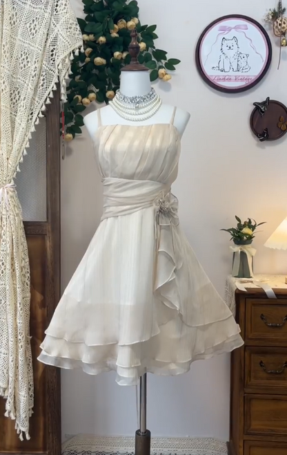 Simple Homecoming Dress Spaghetti Strap Pleated Flower Back to School Outfits Party Dress  D6636