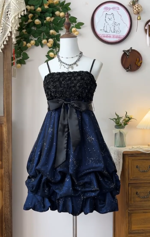 Beauty Homecoming Dress Spaghetti Strap Bowknot Flower Cascade Back to School Outfits Party Dress  D6638