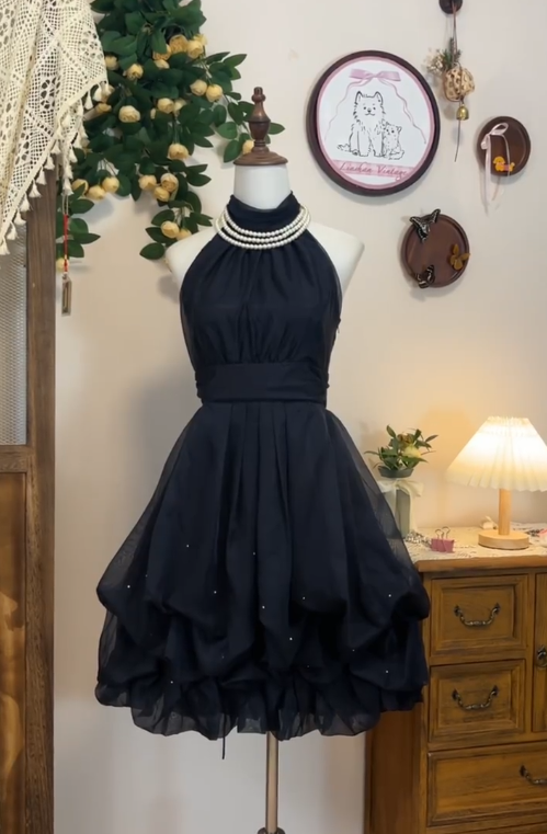 Simple Homecoming Dress Halter Pearl Back to School Outfits Party Dress  D6635
