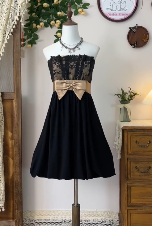 Beauty Homecoming Dress Strapless Lace Bowknot Back to School Outfits Party Dress  D6641