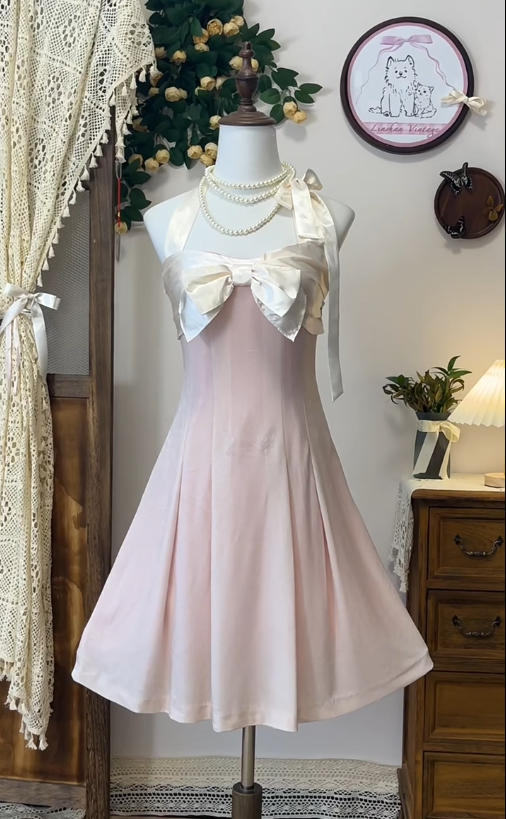 Charming Homecoming Dress Halter Bowknot Pleated Back to School Outfits Party Dress  D6646