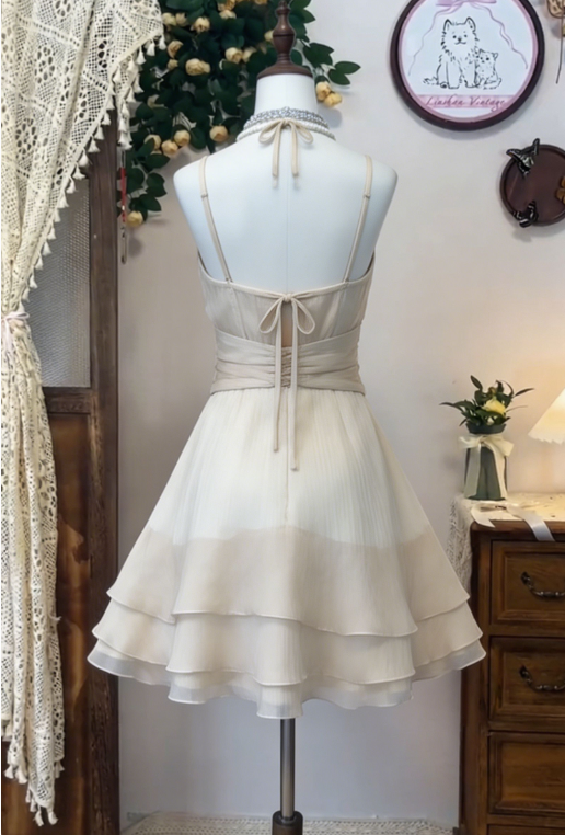 Simple Homecoming Dress Spaghetti Strap Pleated Flower Back to School Outfits Party Dress  D6636