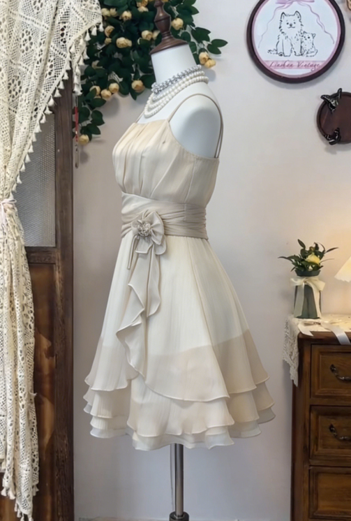 Simple Homecoming Dress Spaghetti Strap Pleated Flower Back to School Outfits Party Dress  D6636