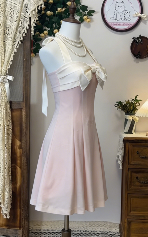 Charming Homecoming Dress Halter Bowknot Pleated Back to School Outfits Party Dress  D6646
