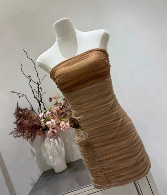 Charming Homecoming Dress Strapless Flower Shirred Back to School Outfits Party Dress  D6650