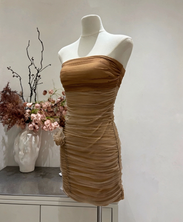 Charming Homecoming Dress Strapless Flower Shirred Back to School Outfits Party Dress  D6650