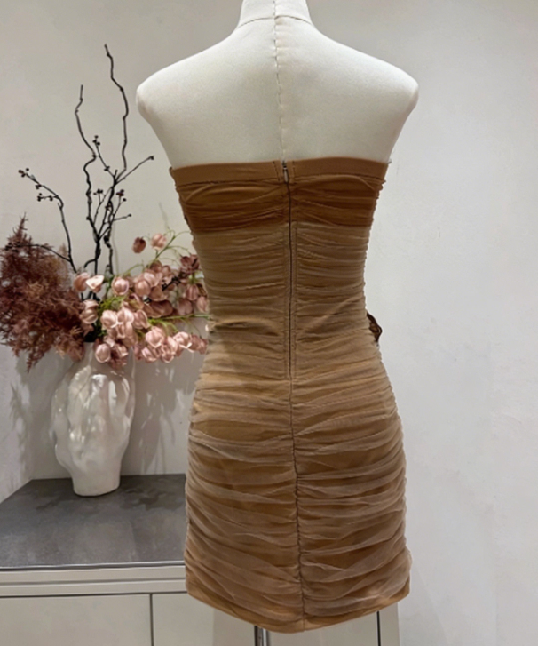 Charming Homecoming Dress Strapless Flower Shirred Back to School Outfits Party Dress  D6650