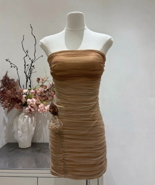 Charming Homecoming Dress Strapless Flower Shirred Back to School Outfits Party Dress  D6650