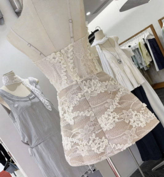 New Homecoming Dress Spaghetti Strap Flower Lace Back to School Outfits Party Dress D6782