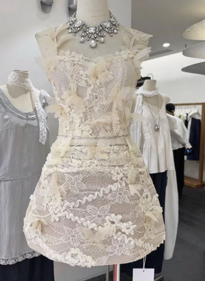 New Homecoming Dress Spaghetti Strap Flower Lace Back to School Outfits Party Dress D6782