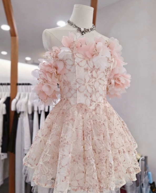 New Homecoming Dress Off the Shoulder Flower Lace Back to School Outfts Party Dress D6781