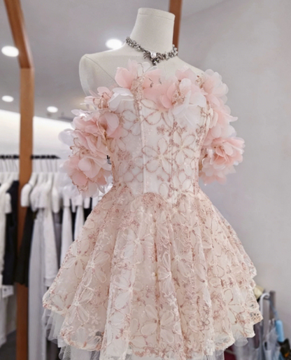 New Homecoming Dress Off the Shoulder Flower Lace Back to School Outfts Party Dress D6781