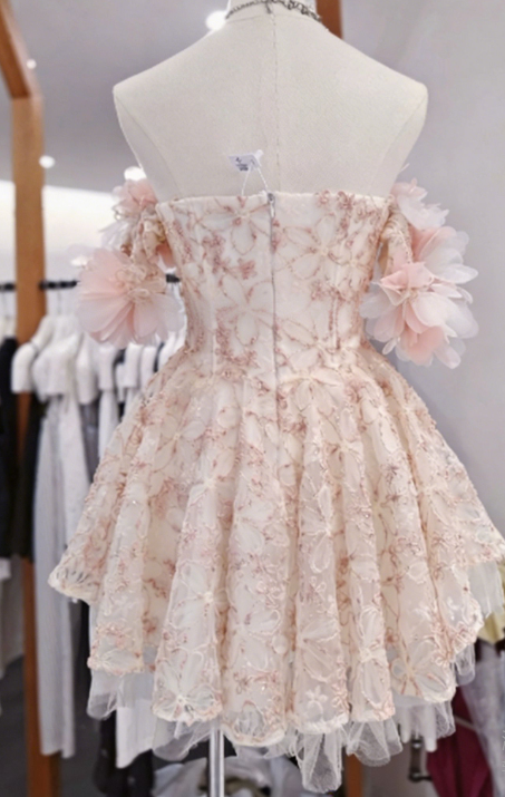 New Homecoming Dress Off the Shoulder Flower Lace Back to School Outfts Party Dress D6781