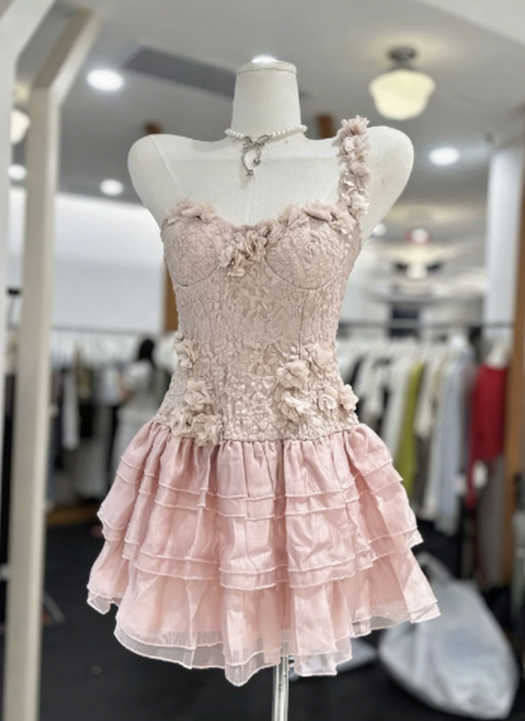 New Homecoming Dress One Shoulder Flower Cascade Back to School Outfts Party Dress D6780