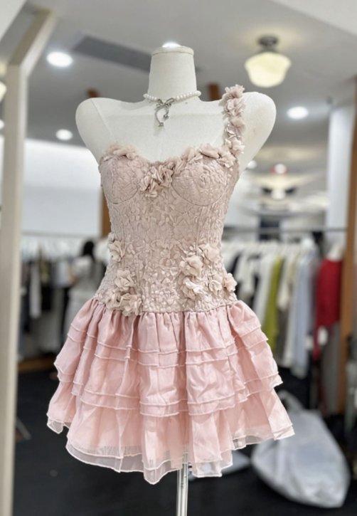 New Homecoming Dress One Shoulder Flower Cascade Back to School Outfts Party Dress D6780