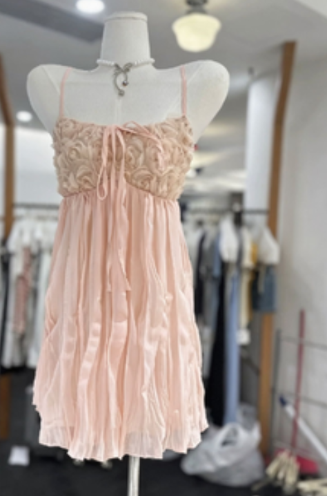 New Homecoming Dress Spaghetti Strap Flower Pleated Back to School Outfts Party Dress D6778