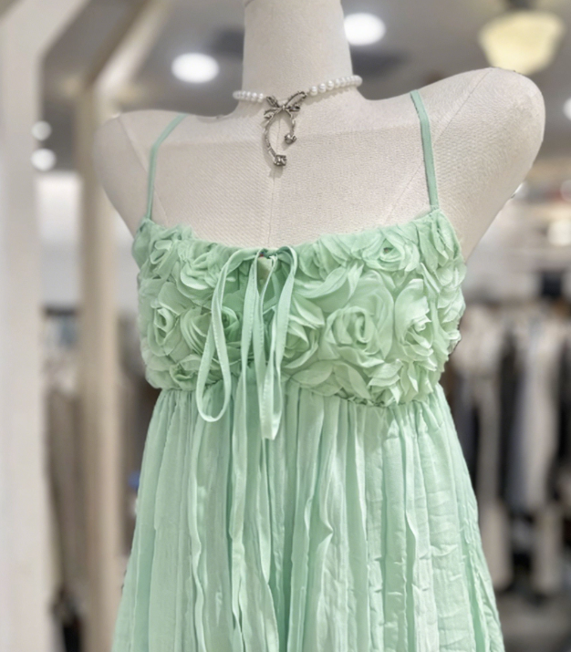 New Homecoming Dress Spaghetti Strap Flower Pleated Back to School Outfts Party Dress D6778
