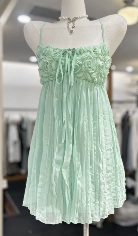 New Homecoming Dress Spaghetti Strap Flower Pleated Back to School Outfts Party Dress D6778